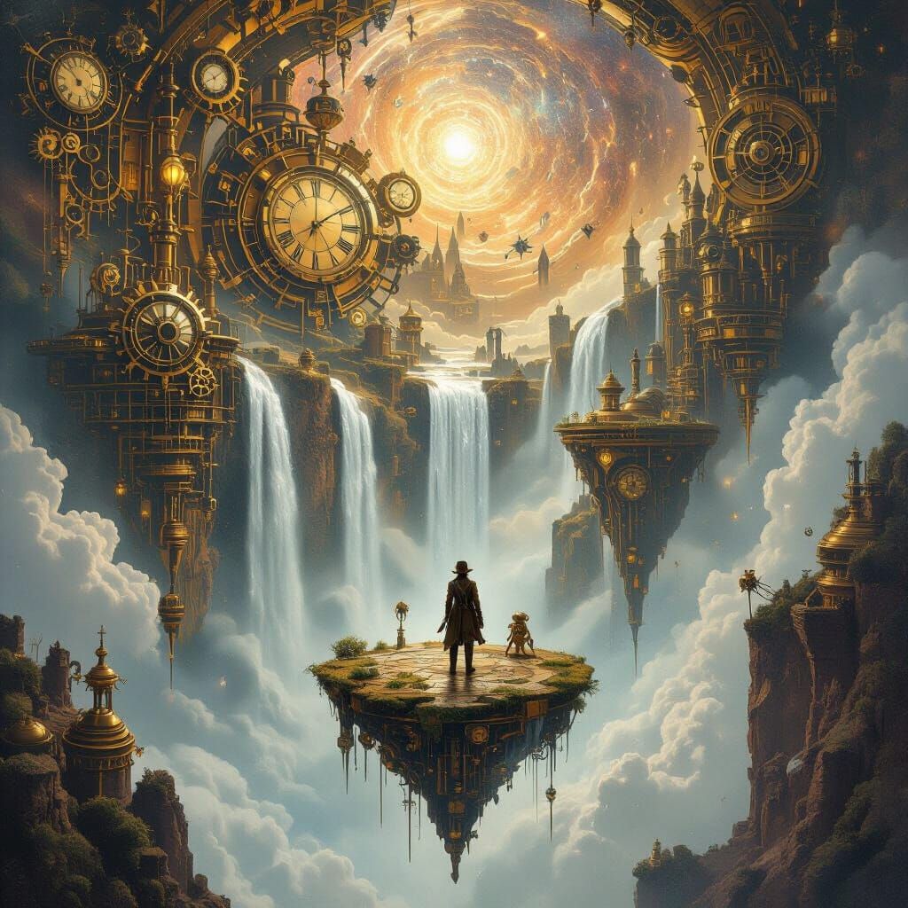 Steampunk Explorer in Fractal Universe with Upward Waterfall...