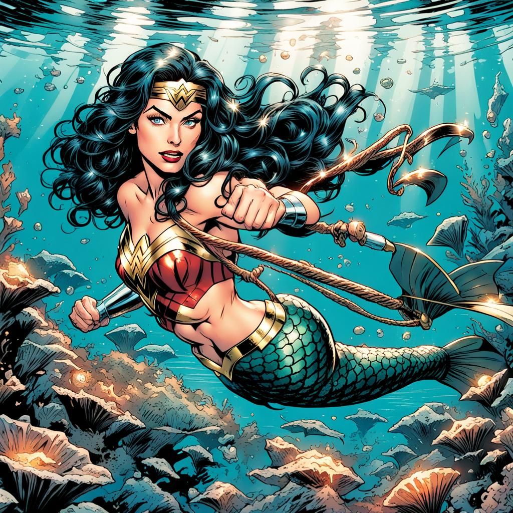Wonder Woman as Mermaid in Comic Book Art
