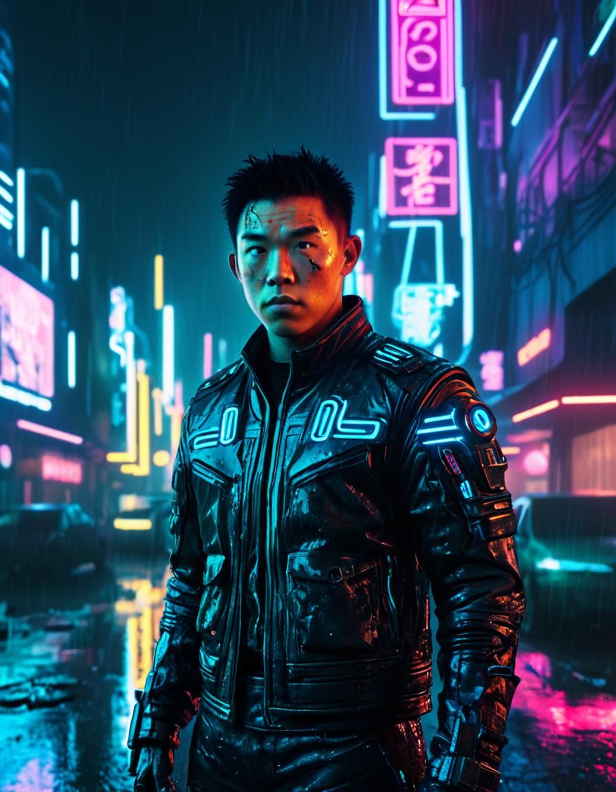 Cyberpunk War Hero in Retrowave Cityscape