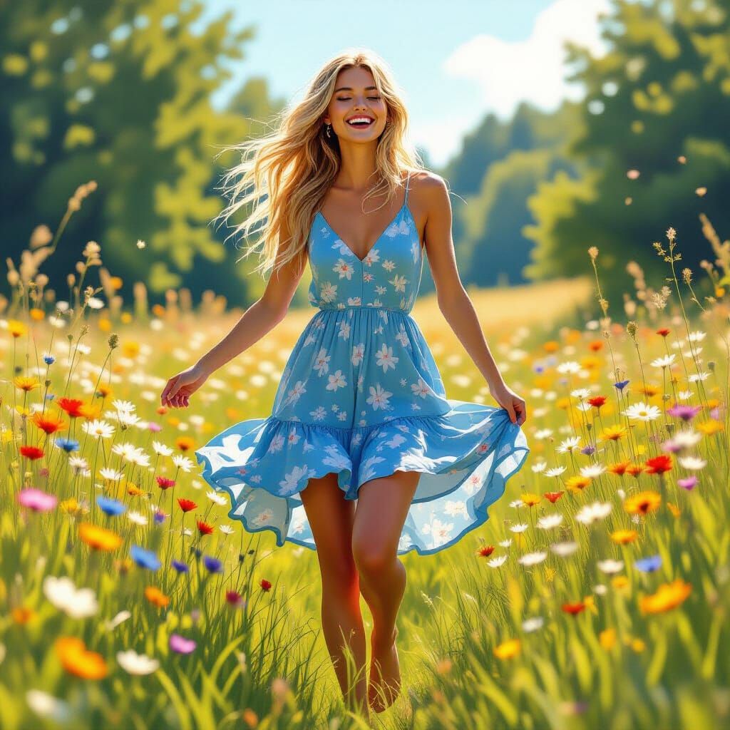 Woman Dancing in Meadow: Hyperrealistic Splash Art