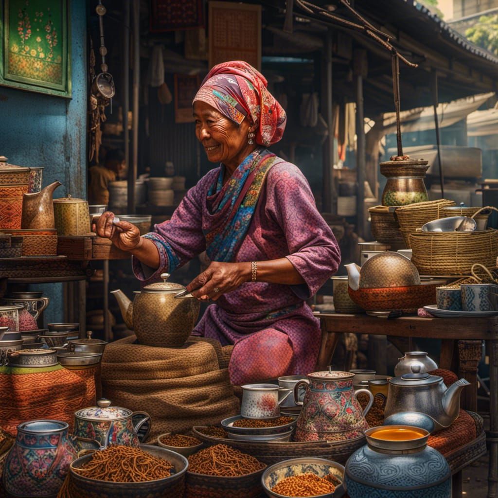 Indonesian Tea Seller in Old Jakarta: 8k Concept Art