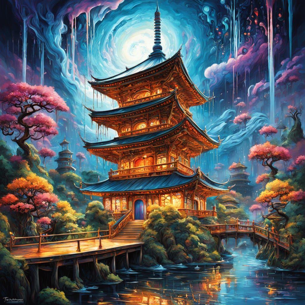 Majestic Pagoda on Floating Island in Vibrant Sky