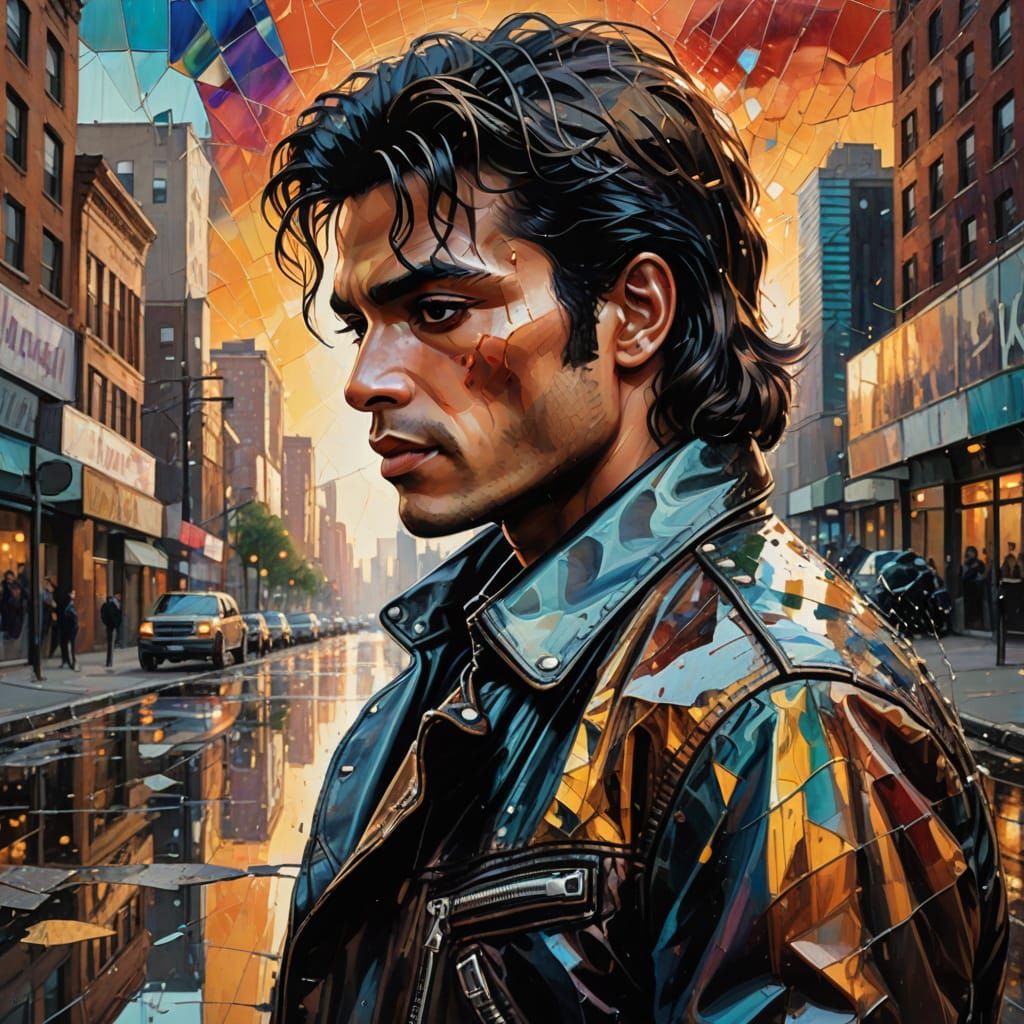 Reflective Man in Cityscape: A Triadic Oil Painting