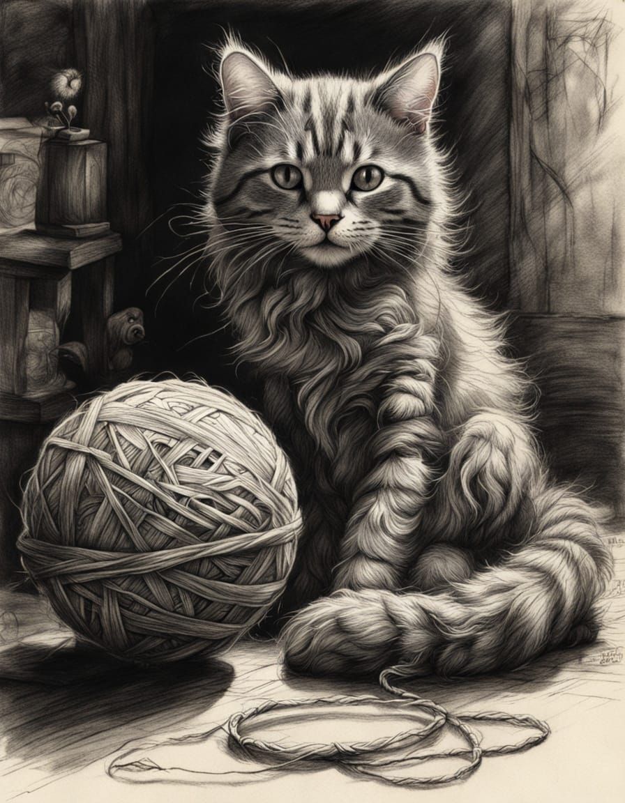 Cute Cat Plays with Yarnball in Chiaroscuro Style
