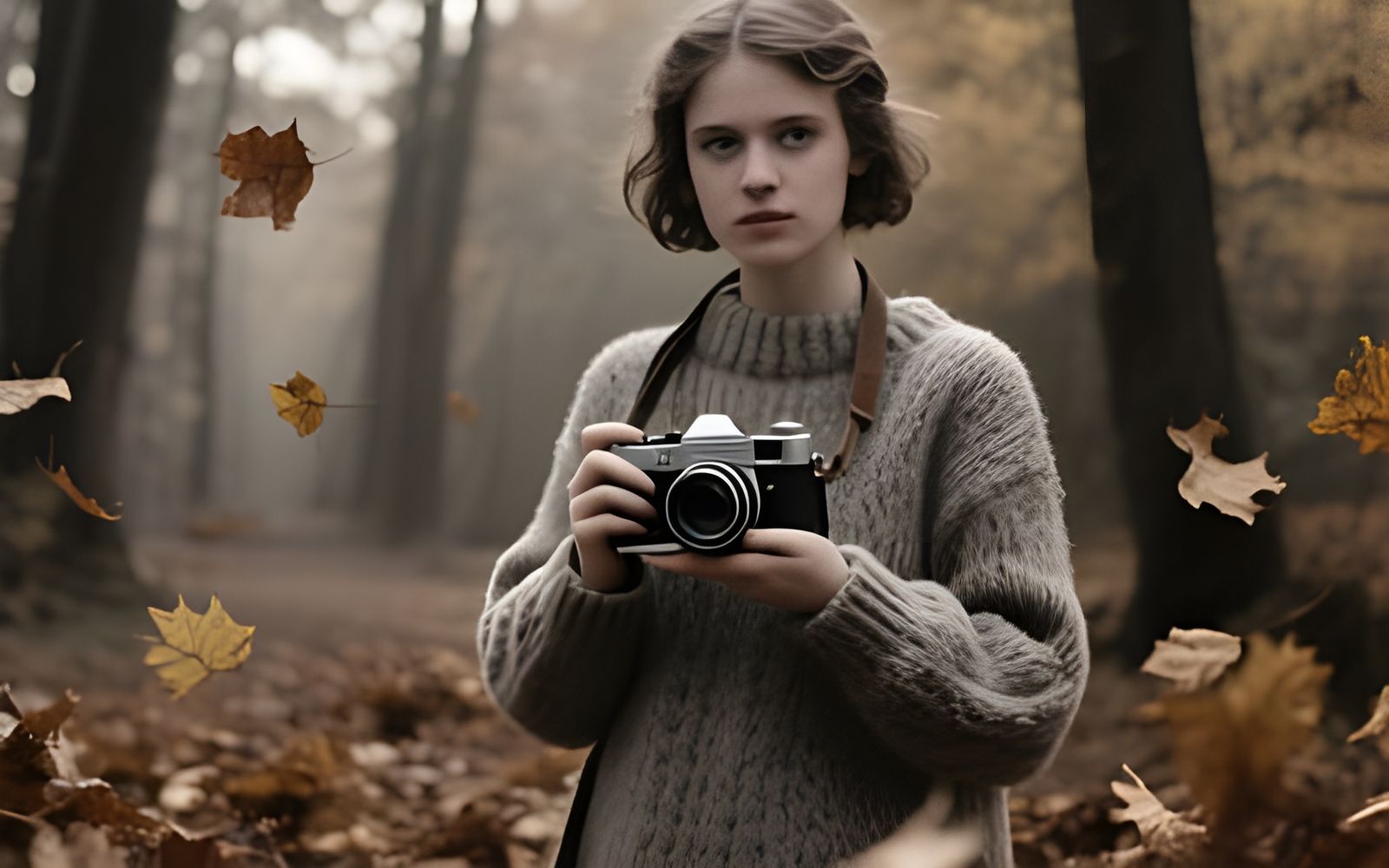 Monochrome Portrait of Photographer in Autumn Forest
