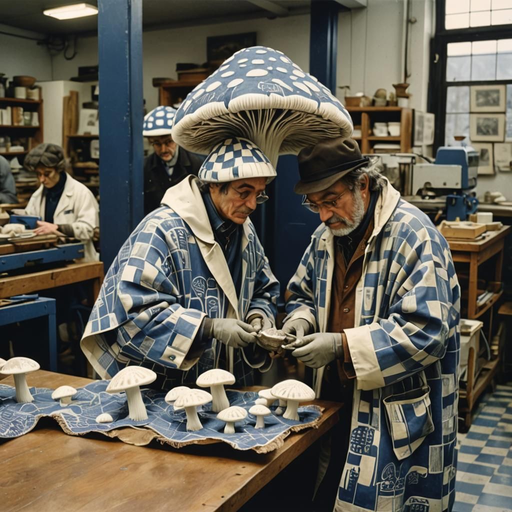 Italian Activists Tending Giant Mushrooms in Linocut Style