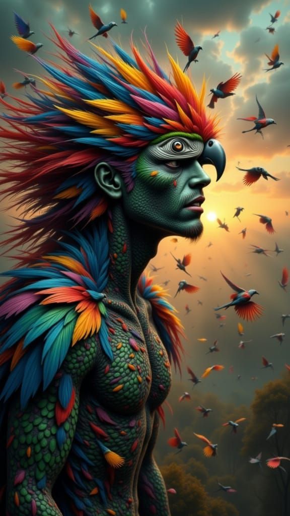 Photorealistic Face with Rainbow Feather Skin and Macaw Eyes