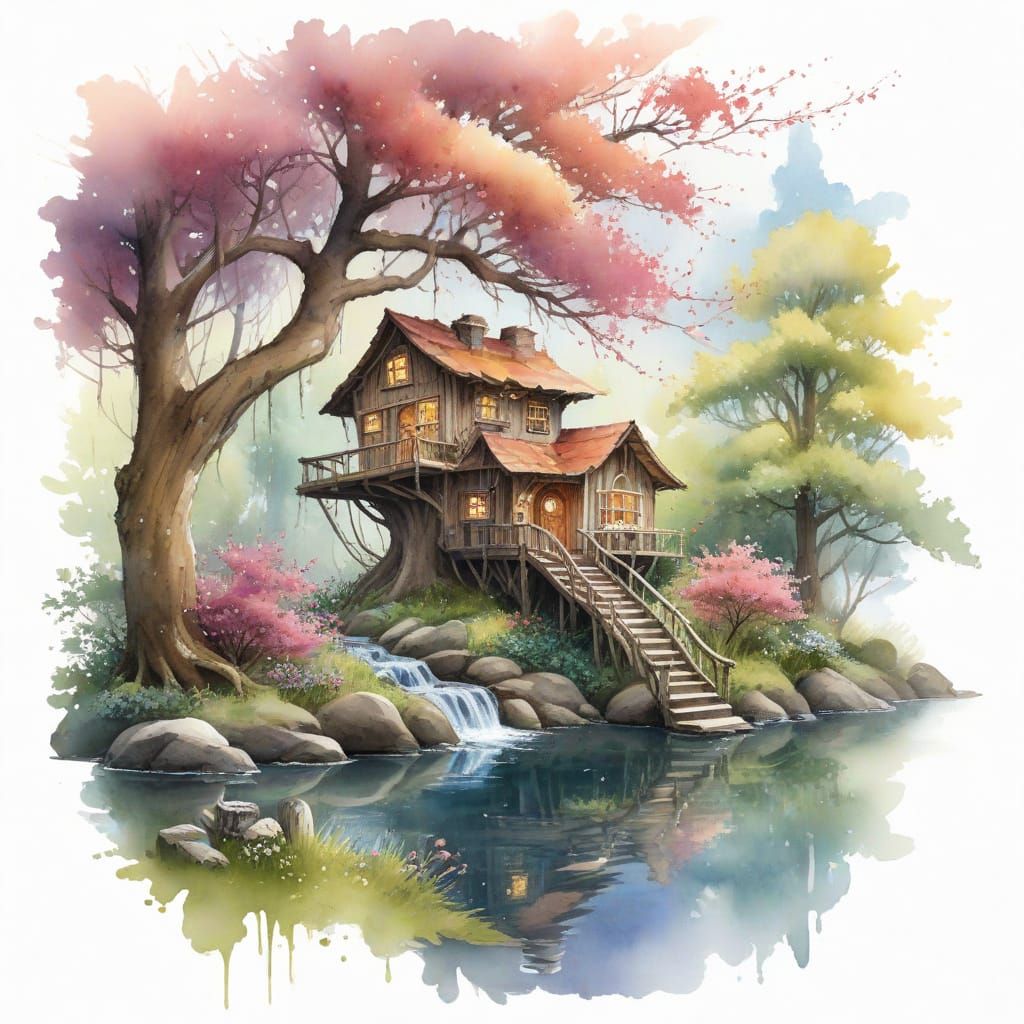 Enchanted Springtime Treehouse in Watercolor Style