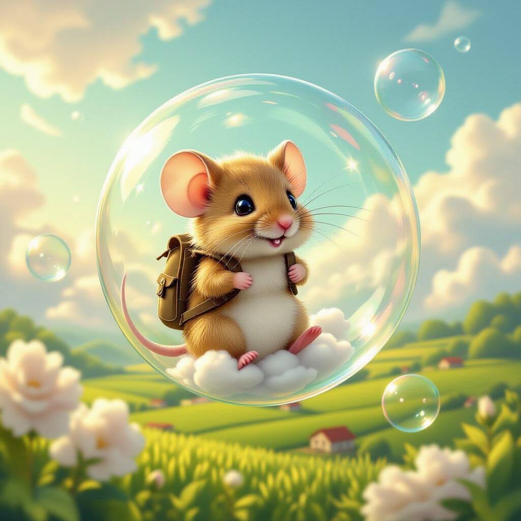 Mouse in Bubble Soaring Over Fields