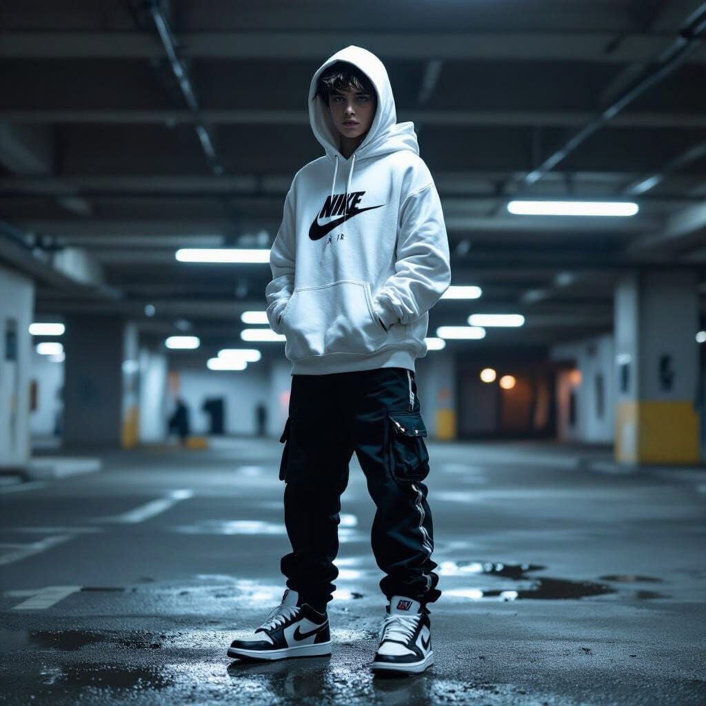 Teenager in Underground Parking Lot, Gritty Realism Style