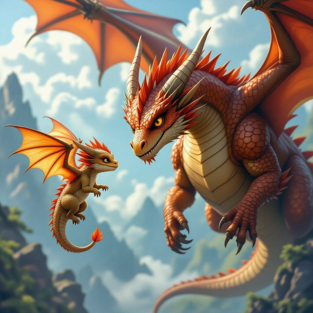 Baby Dragon Attempts Flight Watched By Fierce Father Dragon
