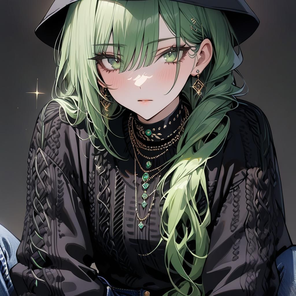 Green Haired Girl in Embroidered Jumper