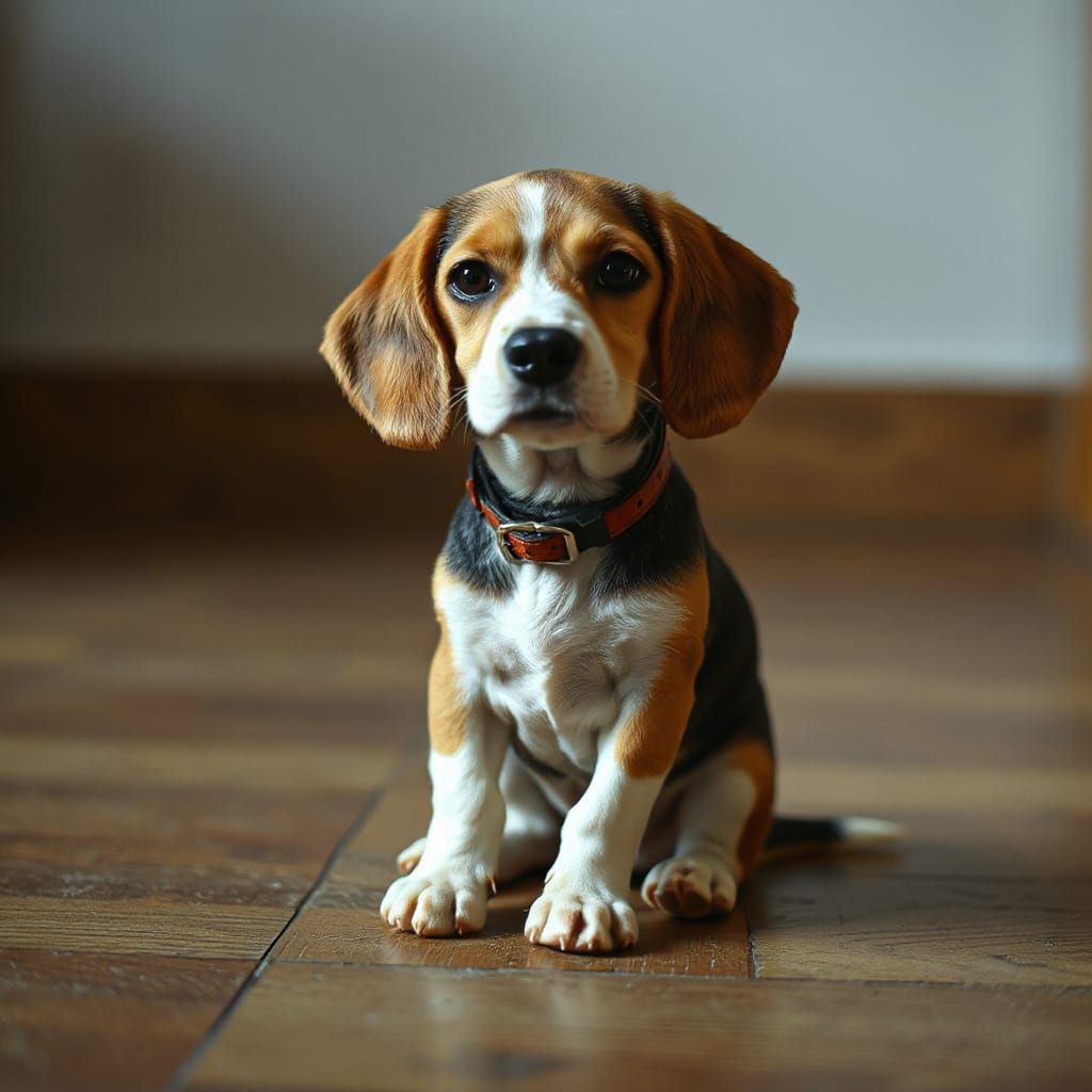 Photorealistic Miniature Beagle on Wooden Floor