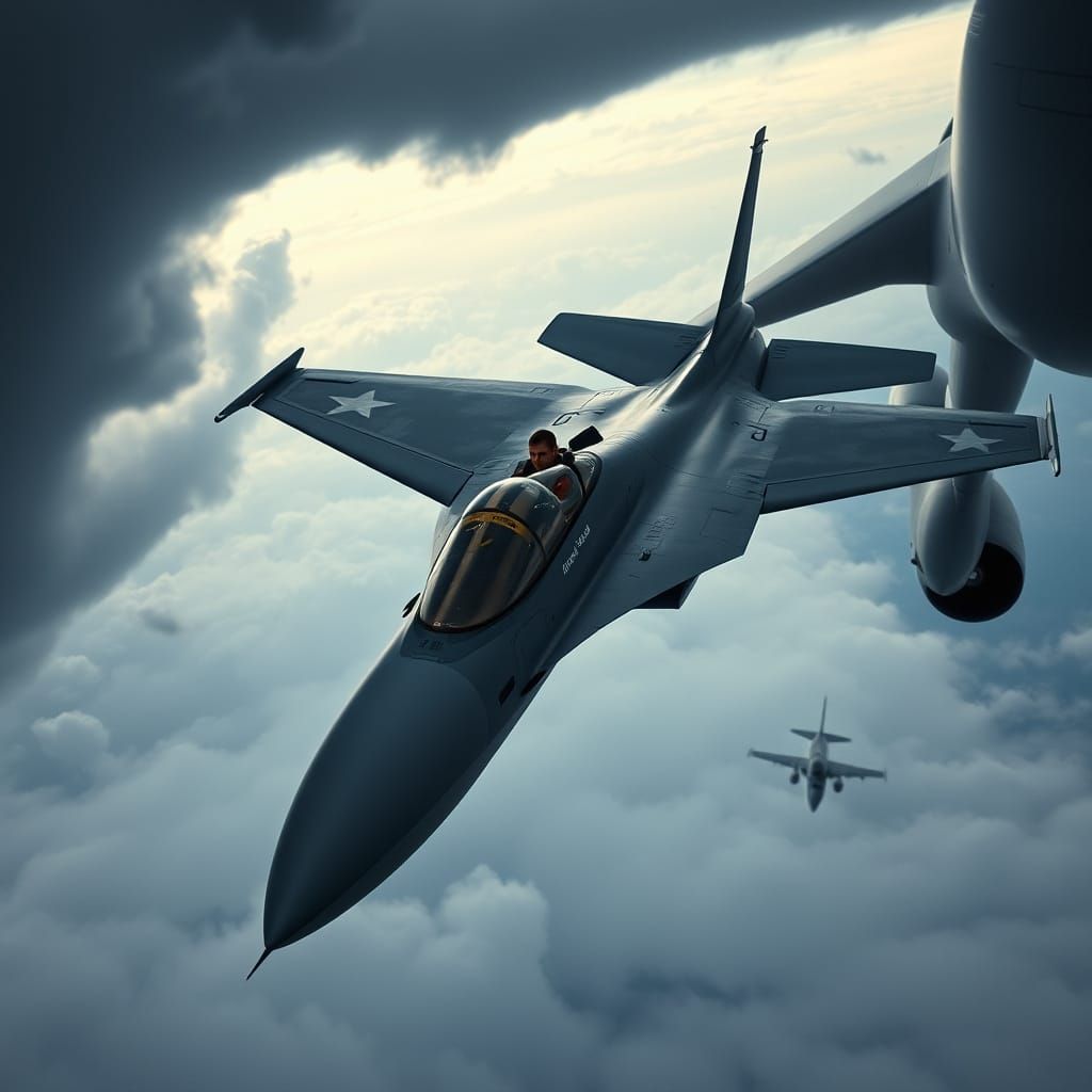 F-16 Refueling in Storm, Photorealistic Digital Art