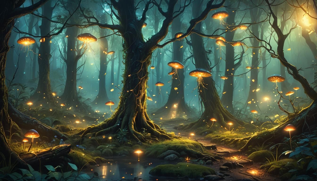 Mystical Forest Illuminated by Fireflies: Fantasy Concept Ar...