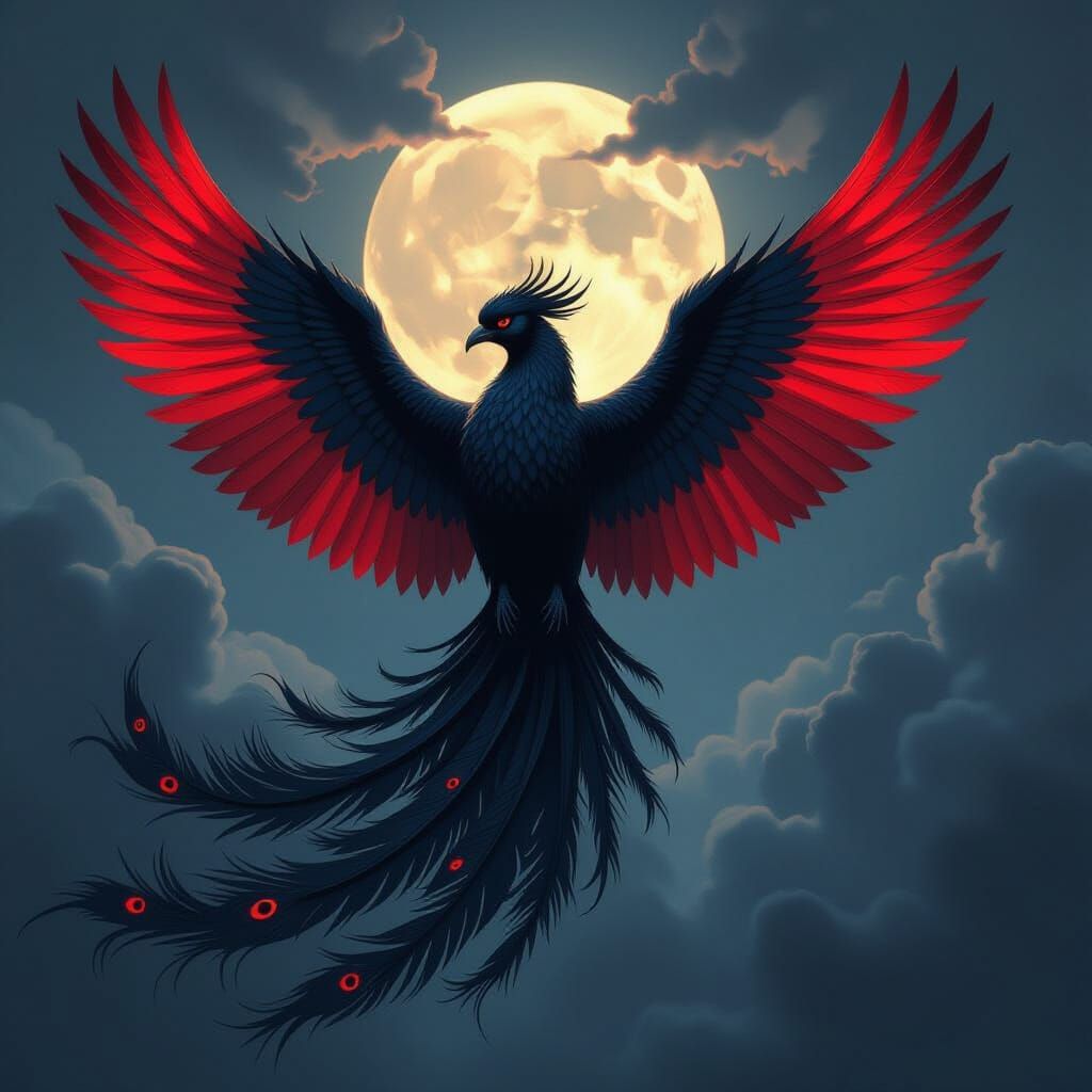Majestic Black Phoenix with Red Feathers