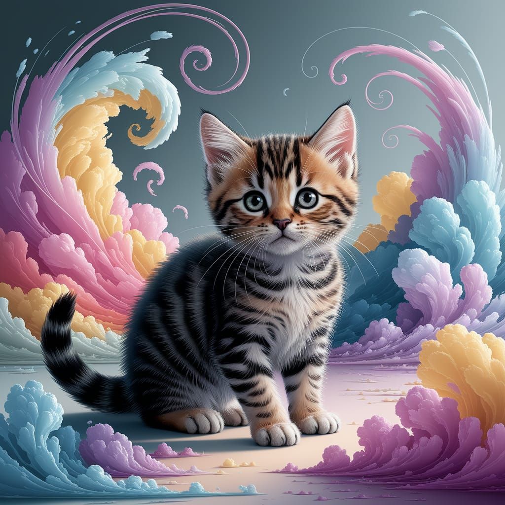 Surreal Whimsy: Kitten in Soft Pastel Cloudscape