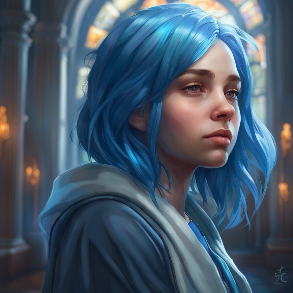 Blue-Haired Girl Portrait in Artstation Style