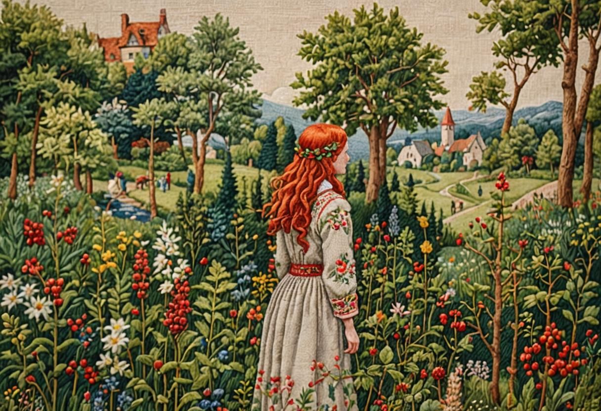 Embroidered Redhead in Folk Art Tapestry
