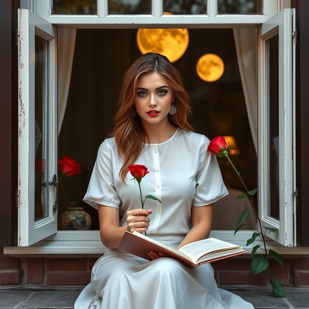 Ethereal Window Scene with Stylish Woman