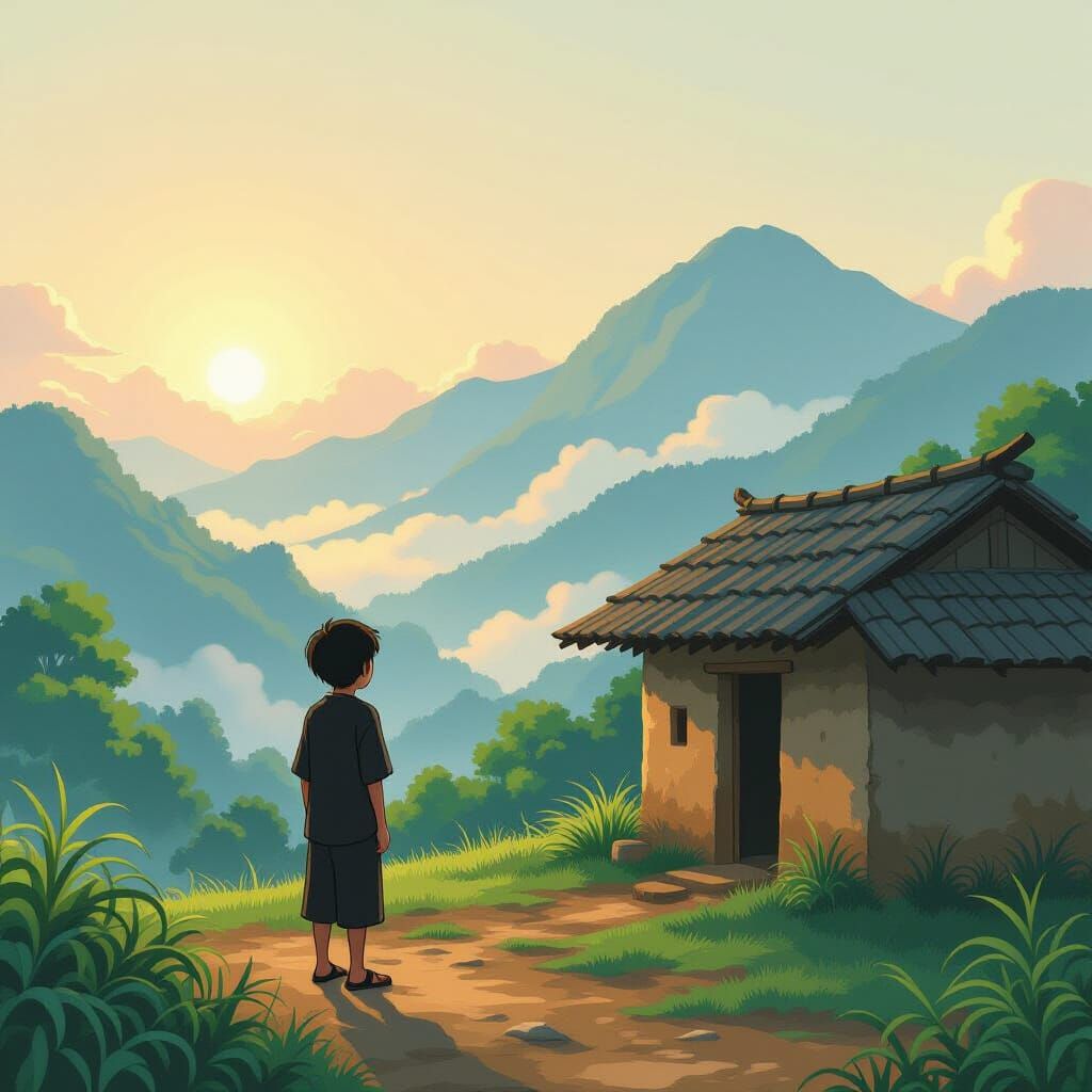 Boy in Hill Village at Sunrise, Anime Style