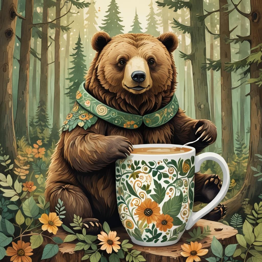 Whimsical Bear Sits on a Latte Mug in the Woods