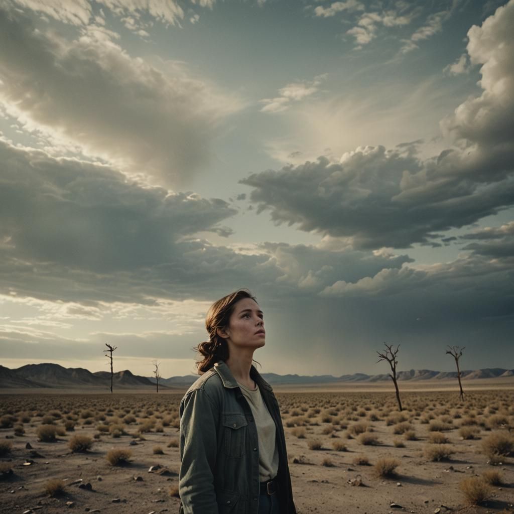 Desolate Woman Gazes Skyward: Cinematic Film Still