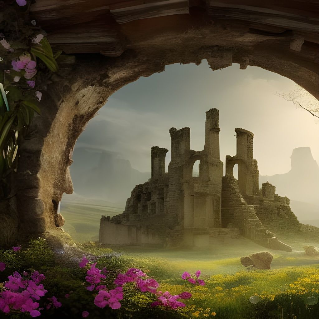 Prehistoric Ruins in Spring Landscape: Digital Matte Paintin...