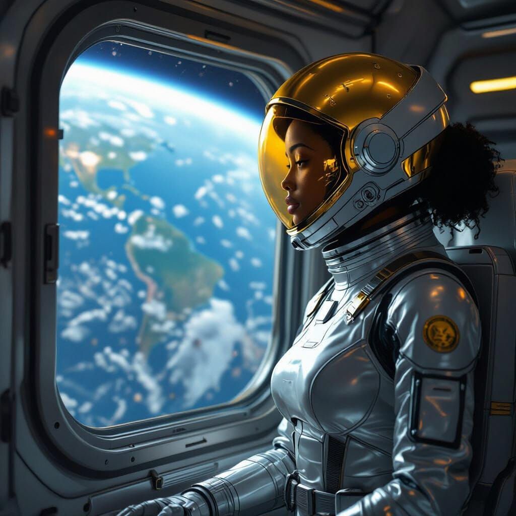 Black Astronaut Admiring Earth in Sleek Space Suit