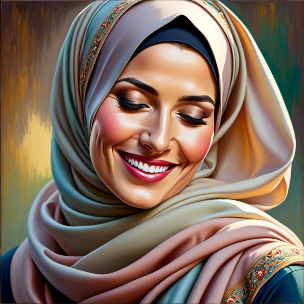 Beautiful Woman in Hijab as Oil Painting