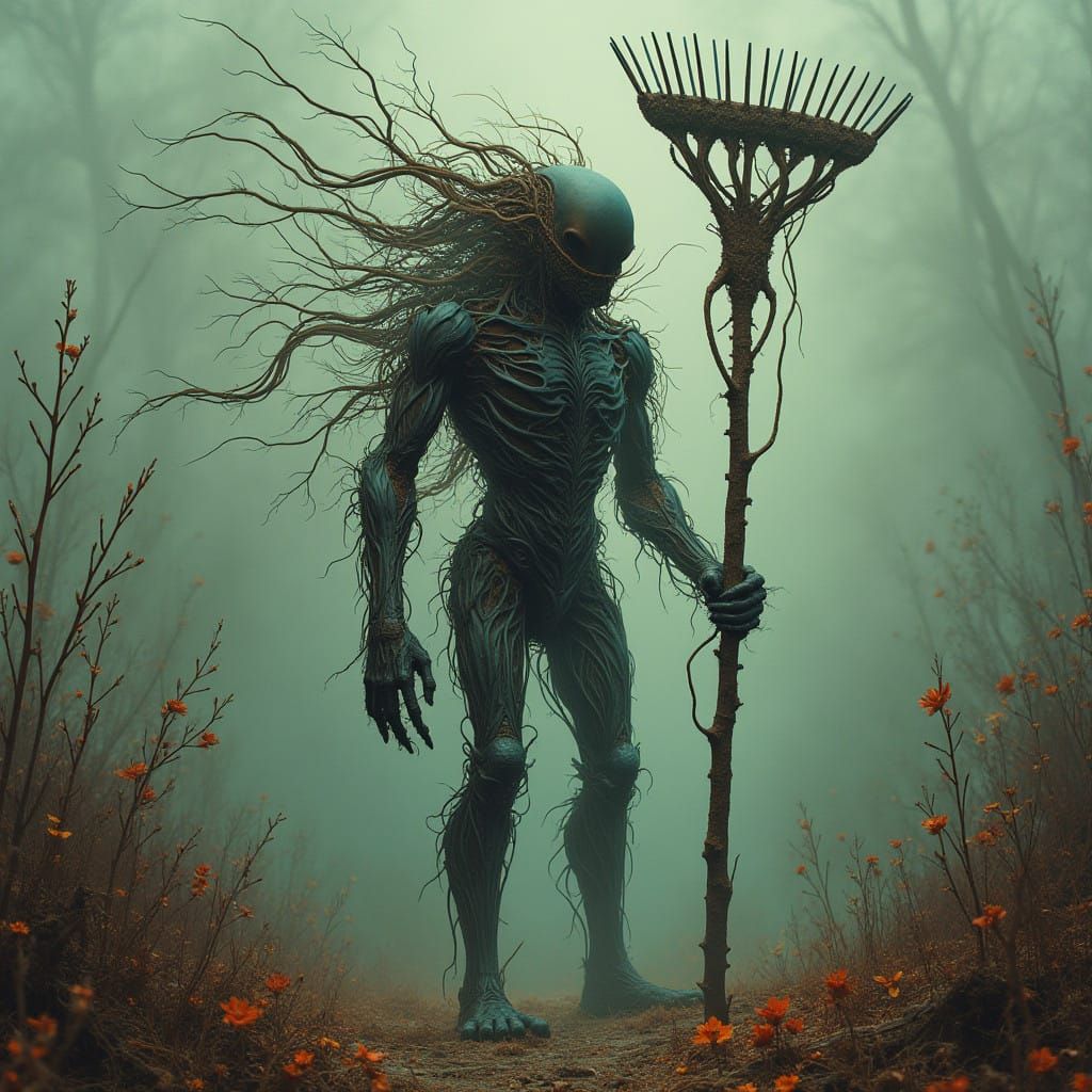 Biomechanical Rake Figure Emerges from Surreal Landscape
