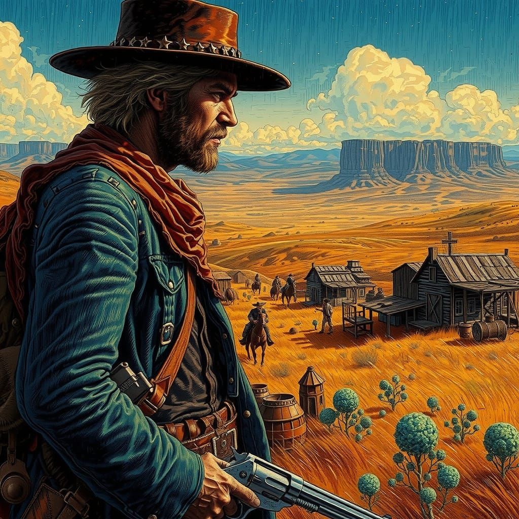 Lone Cowboy Gunman in Surreal Western Landscape