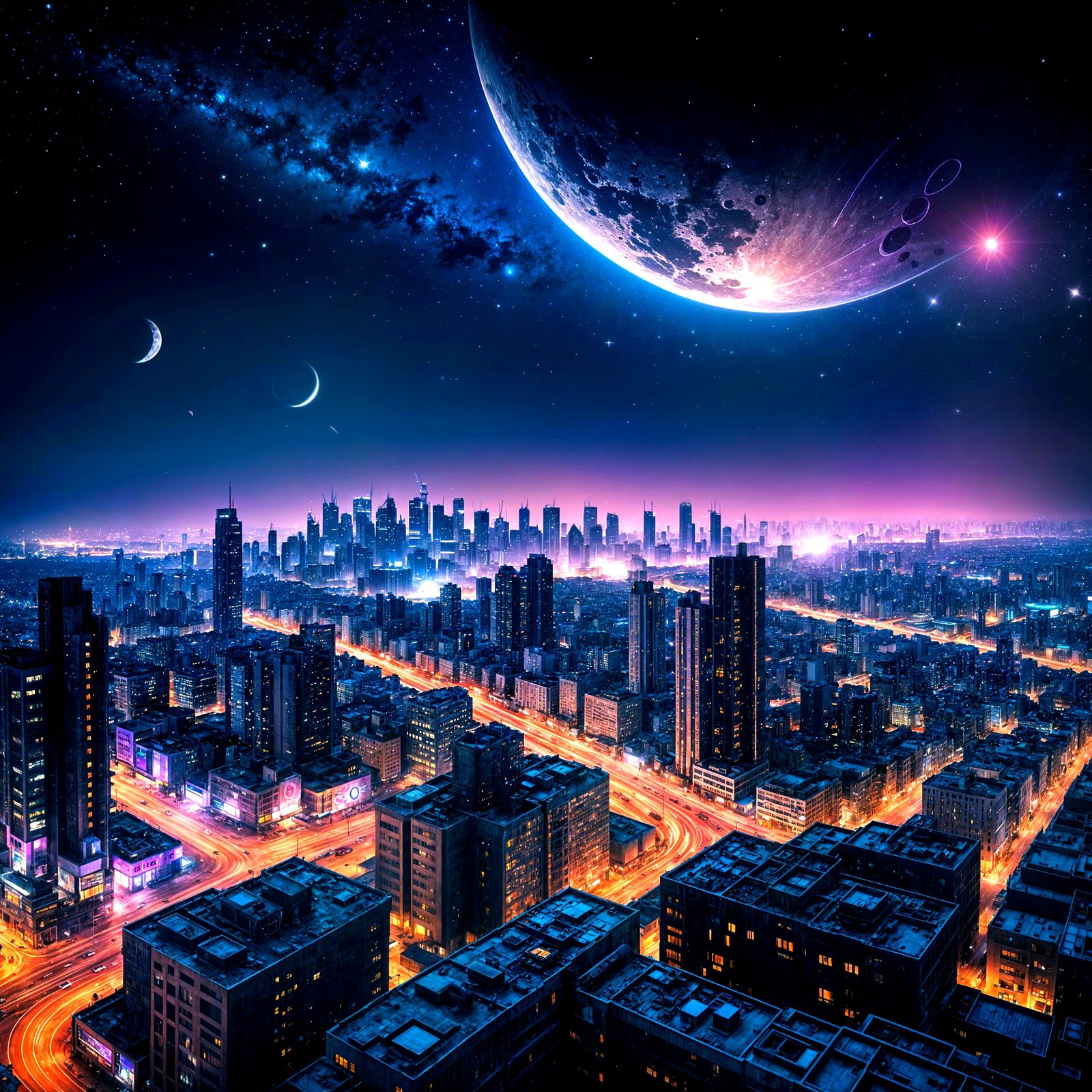 Post-Apocalyptic Cityscape with Exploded Moon