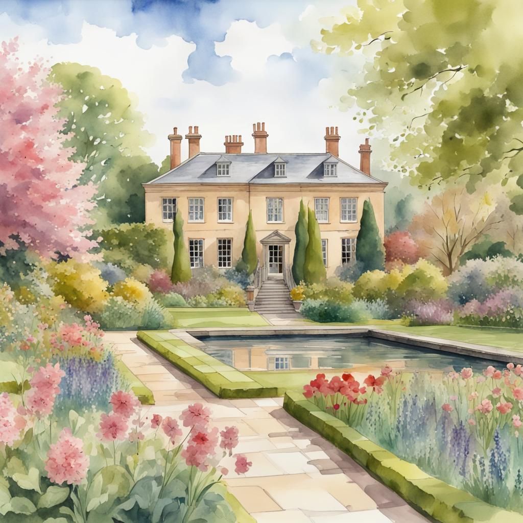 Charming English Garden in Spring: Watercolor Painting