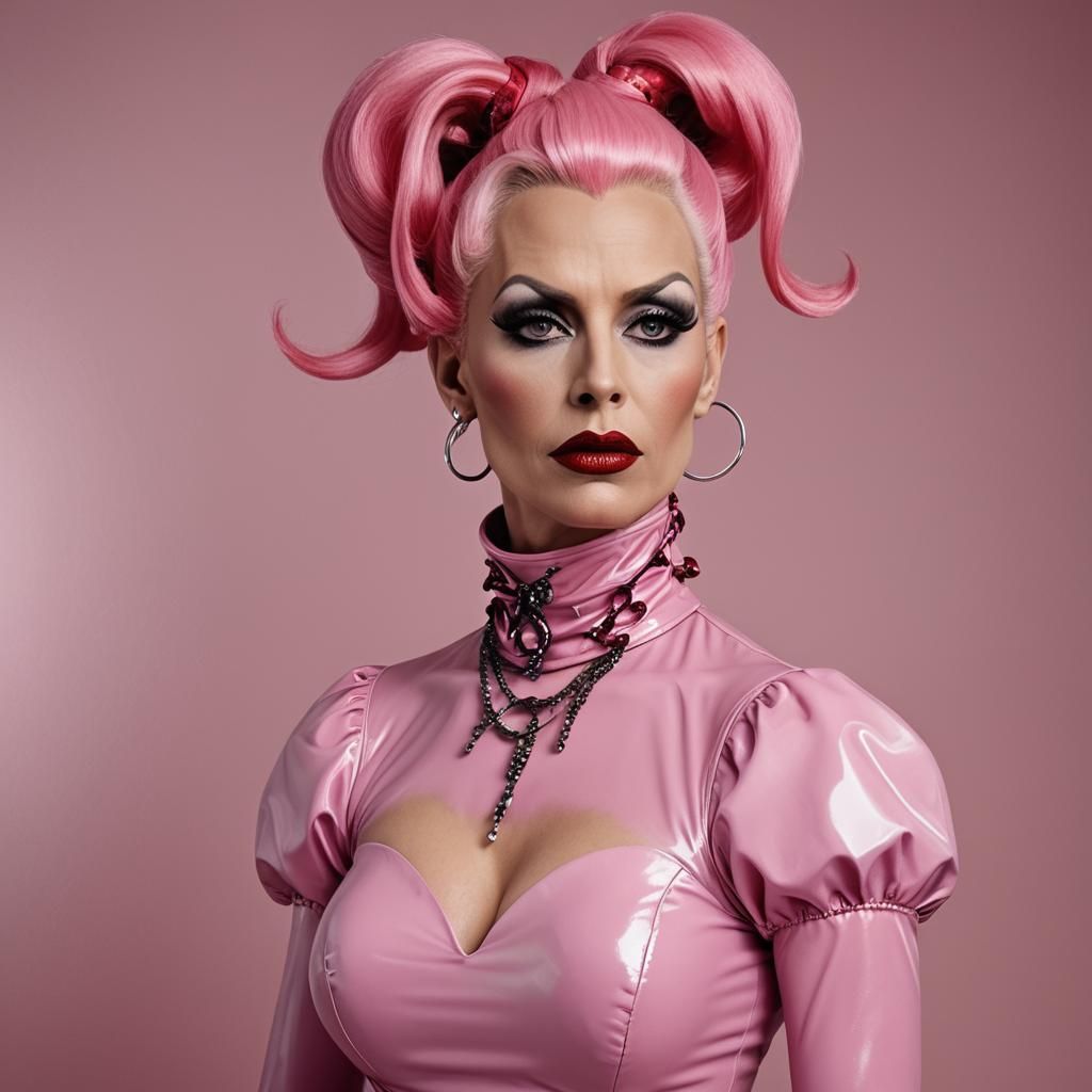 Mature Woman in Pink Latex Dress, Professional Portrait