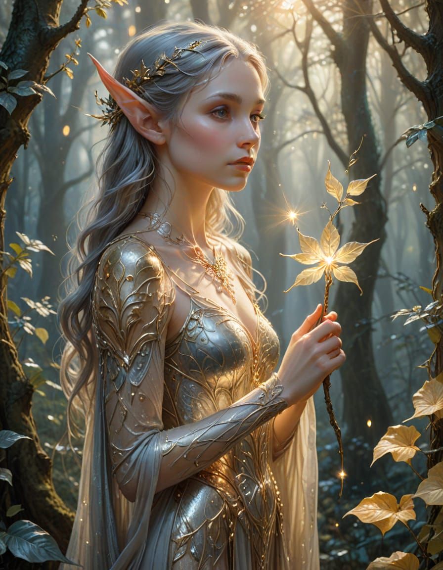 Elf in Grove: Fantasy Oil Painting in Art Nouveau Style