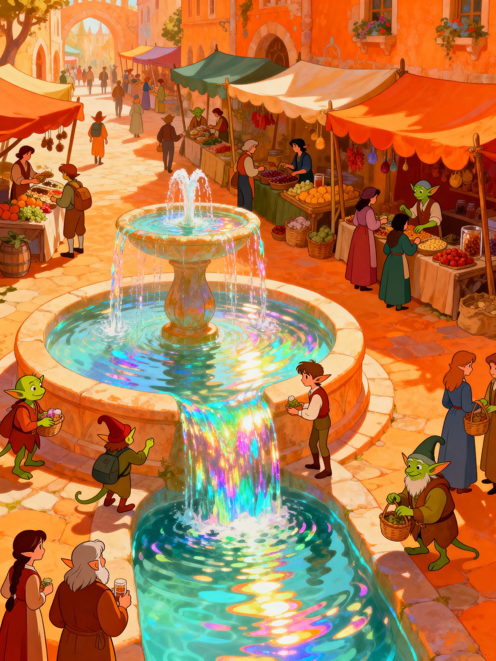 Fantastical City Marketplace with Diverse Beings Trading Goo...