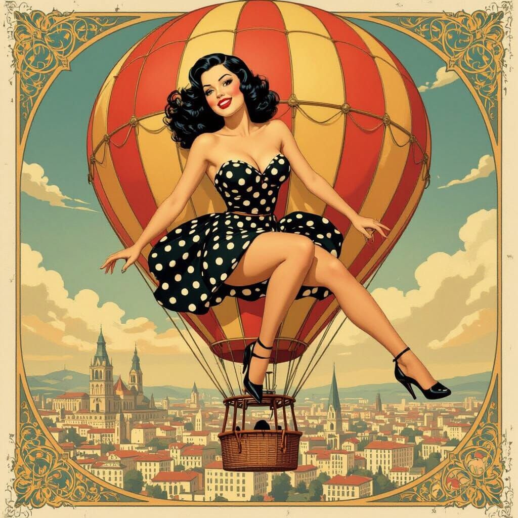 Vintage Pin-Up Model on Hot Air Balloon in Art Deco Style