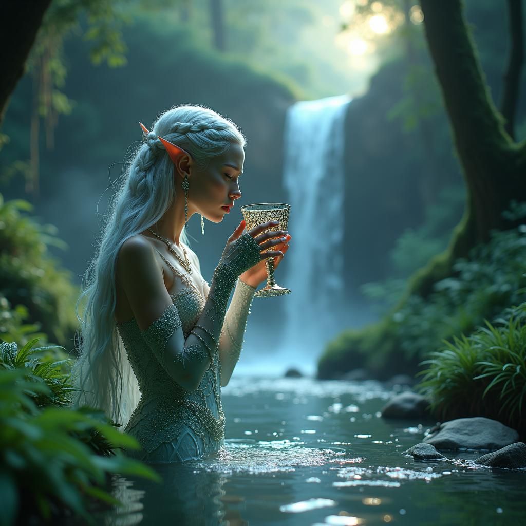 Ethereal Elf Maiden at Waterfall in Fantasy Style