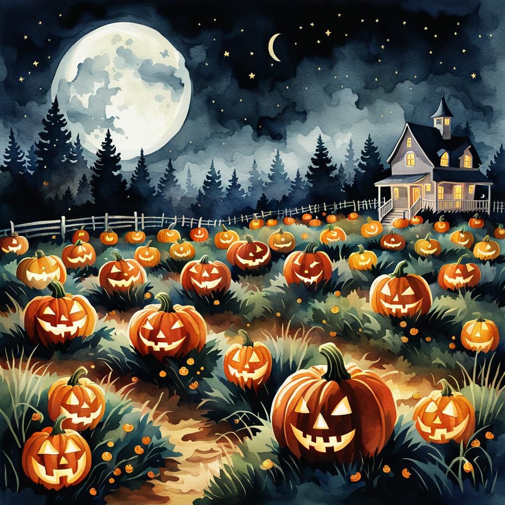 Glowing Jack-O'-Lanterns Under Crescent Moon