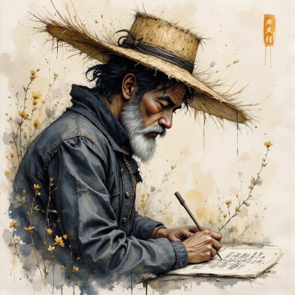 Ancient Chinese Man Portrait in Blurry Ink Watercolor