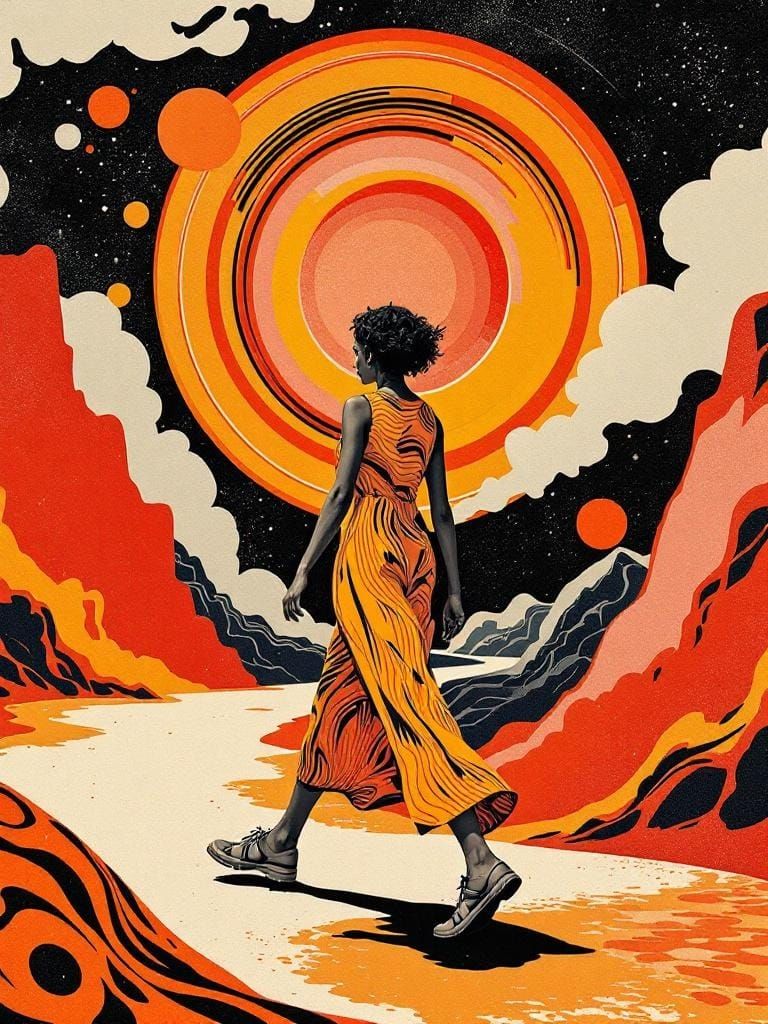 Woman Walks Through Portal in Mid-Century Modern Style