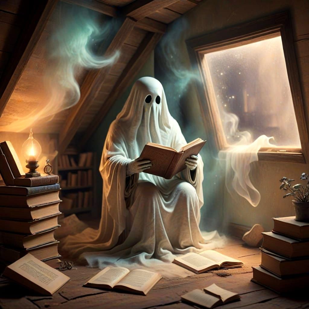Friendly Ghost Reads in Attic, Pastel Drawing