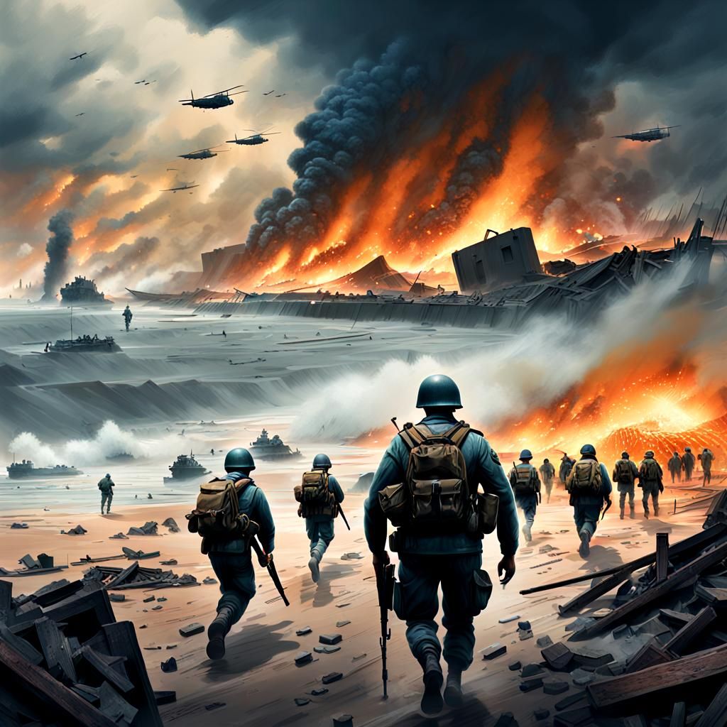 Omaha Beach D-Day Storming in Matte Painting Style