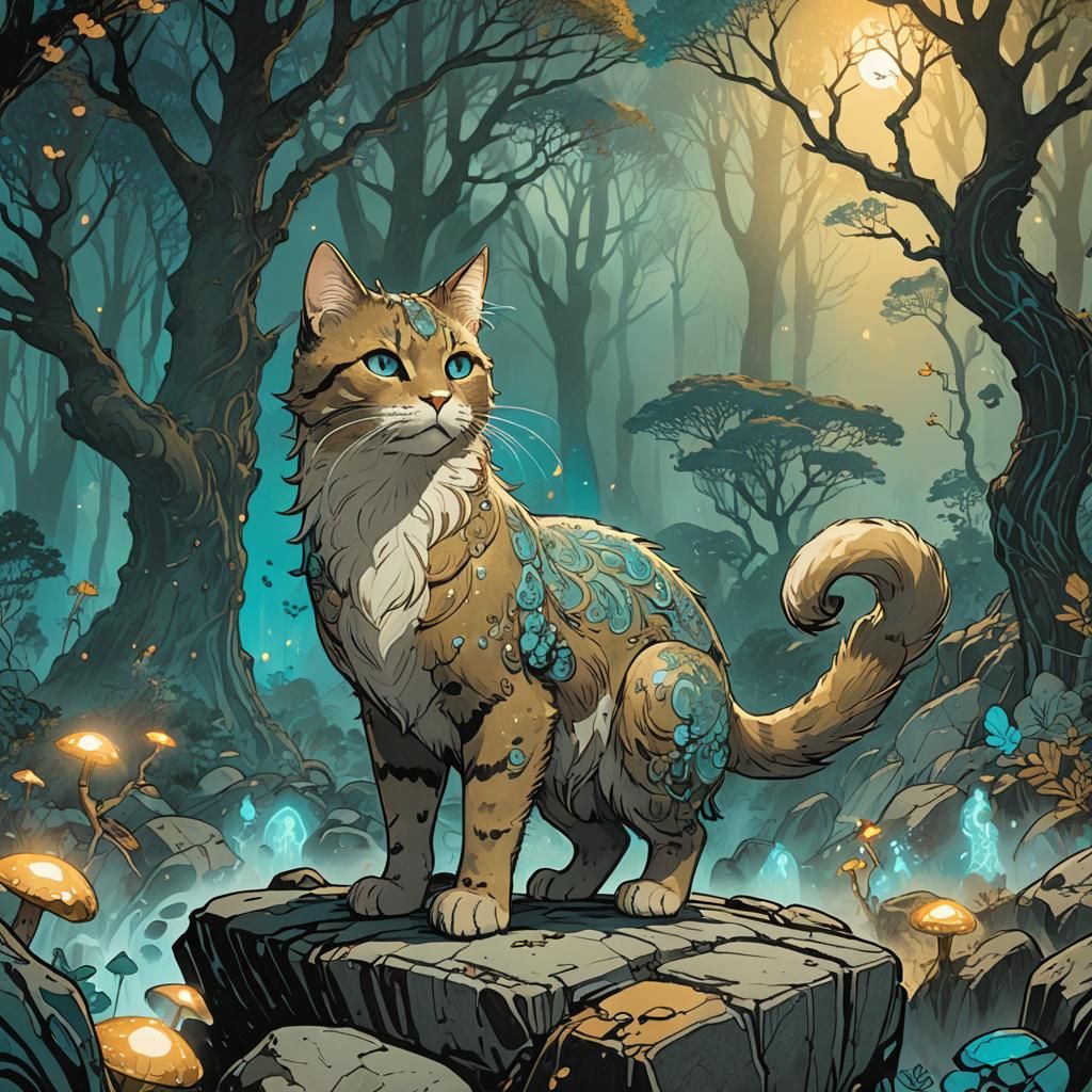 Cat in Misty Forest, Comic Book Illustration