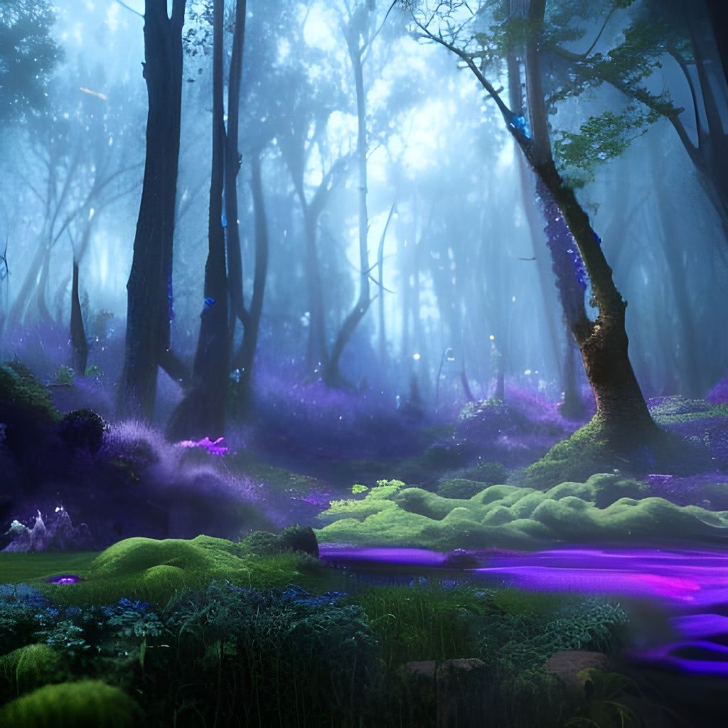 Dark Fairy Forest with Purple and Blue Moss