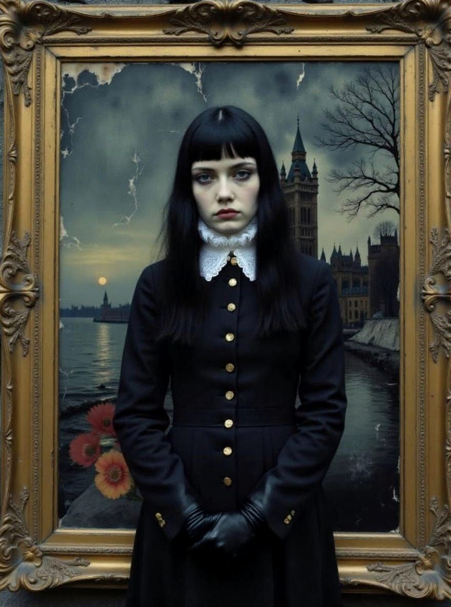 Gothic Portrait in Gilded Frame with Dark Atmosphere
