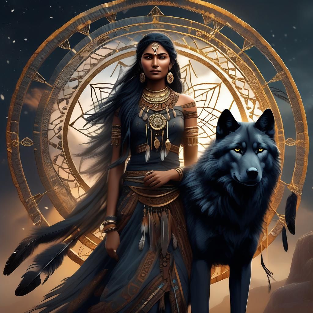 Native American Woman and Wolf in Fantasy Style