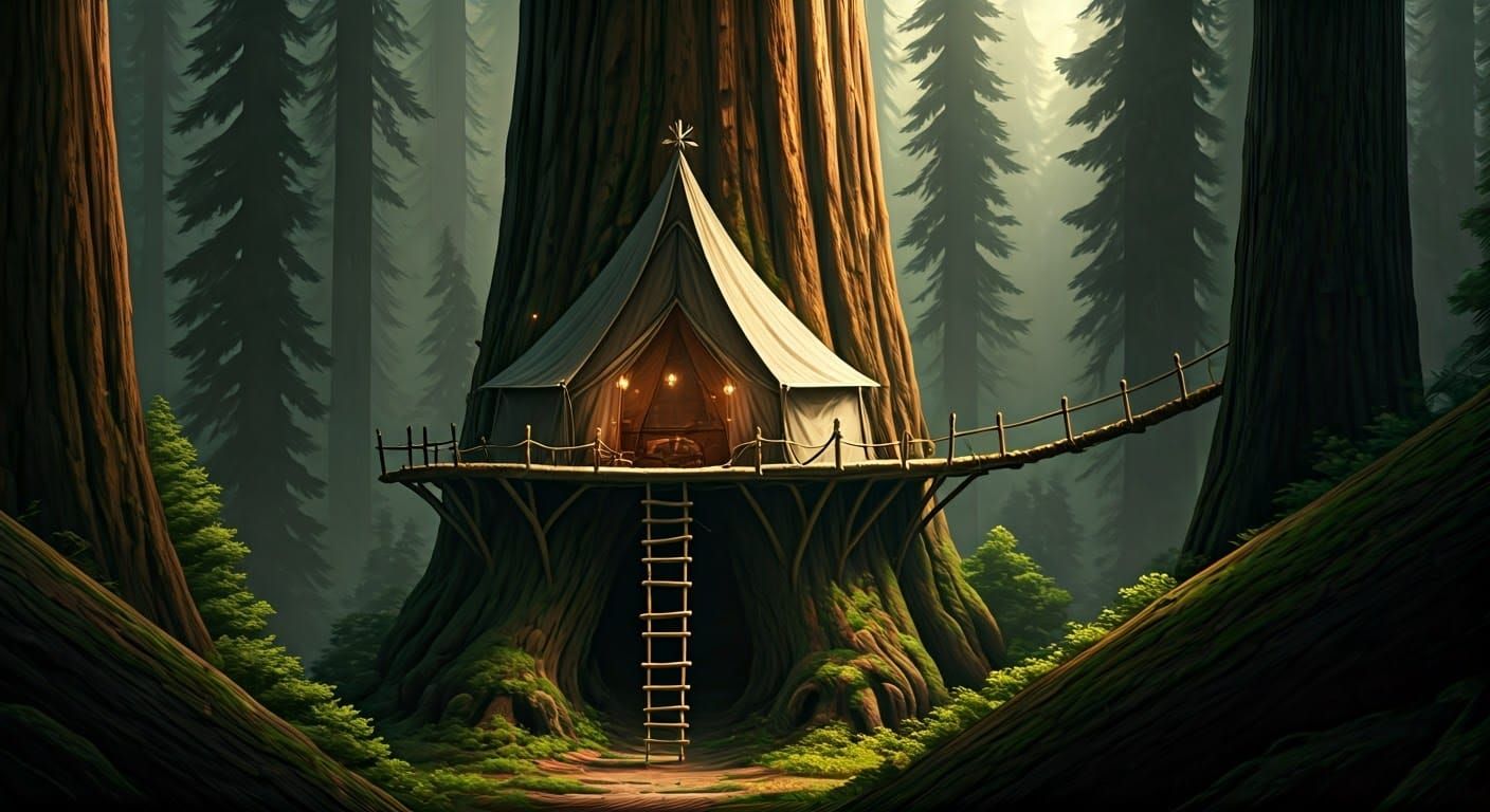 Sequoia Survivalist Camp in Fantasy Concept Art Style