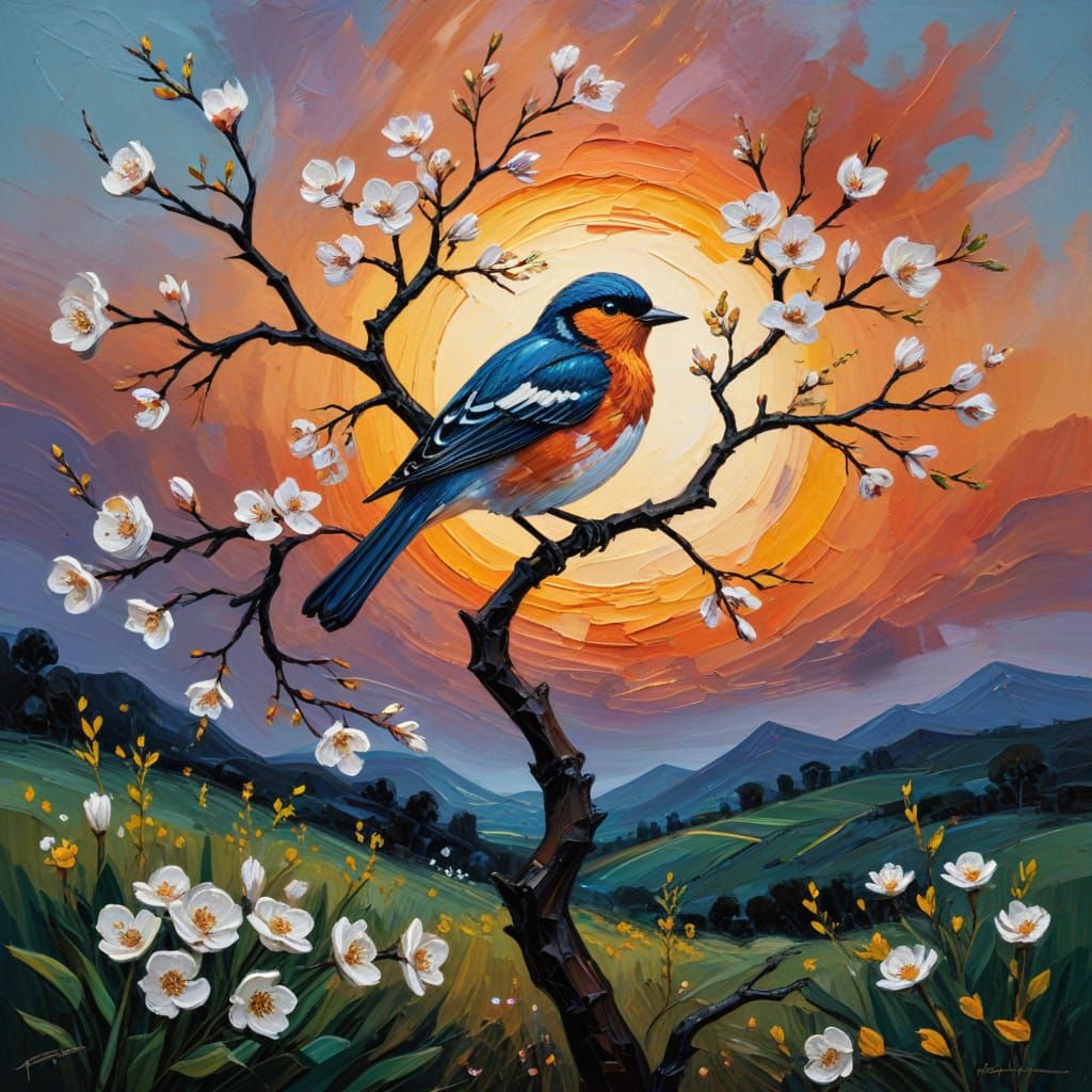 Vibrant Blossom Tree Sunset in Expressive Impasto Style